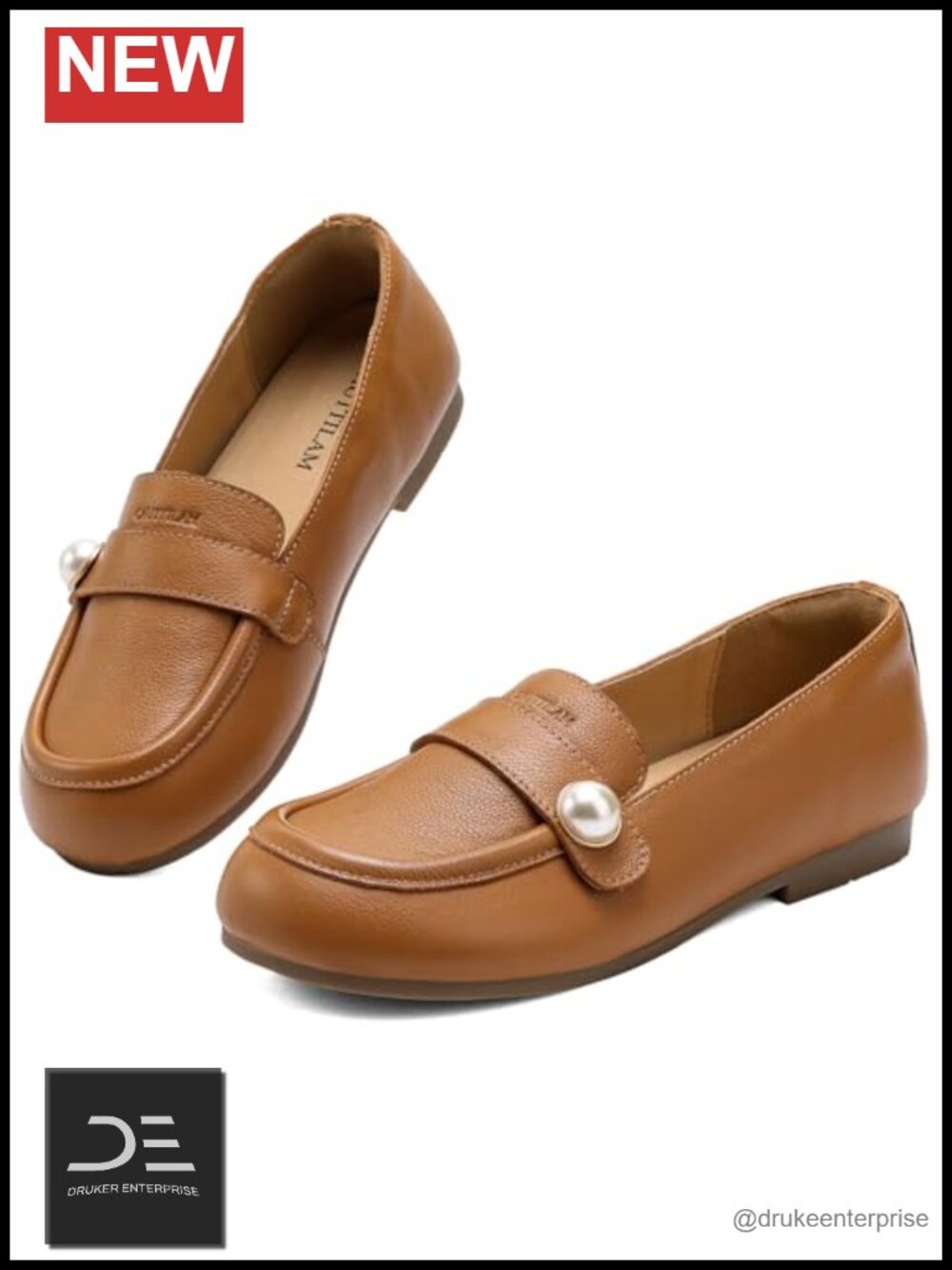 Genuine Leather Loafers Round Toe Slip-On Flats Pearl Embellishment Comfortable